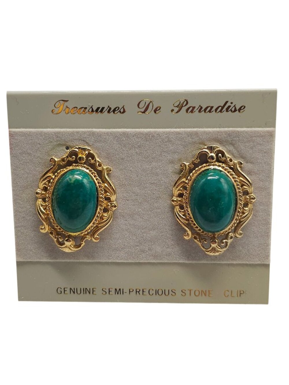 Treasures De Paradise Genuine Semi-Precious ClipOn Earrings Gold Tone Oval Green